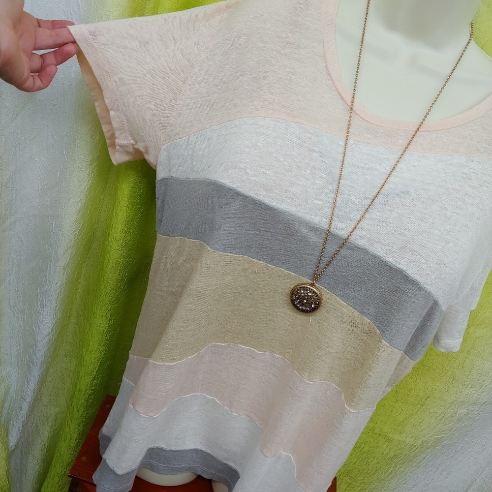 Iro | Linen Neutral Patchwork Tshirt Scoopneck L - image 5